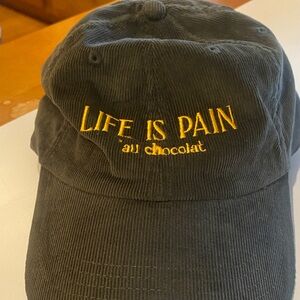 Life Is Pain “au chocolat” Dark Grey  Corduroy Cap with Yellow Embroidery.  New
